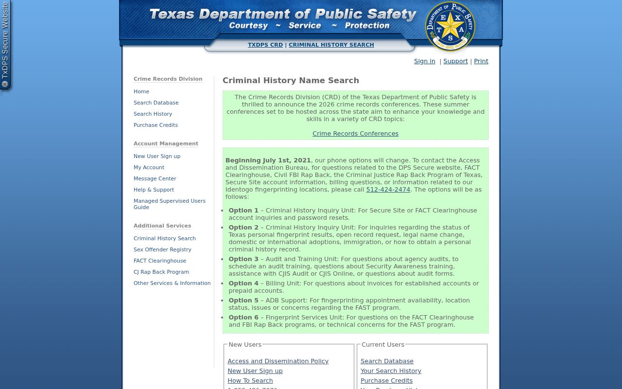 Texas DPS criminal history conviction name search login